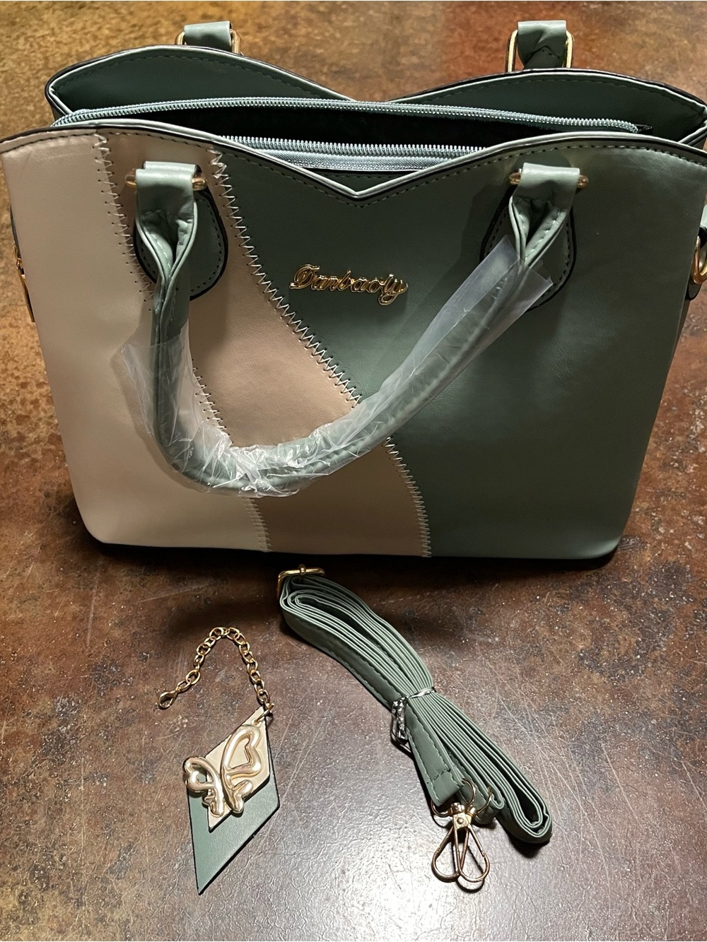 Mint Green and Cream Colorblock Satchel Handbag by